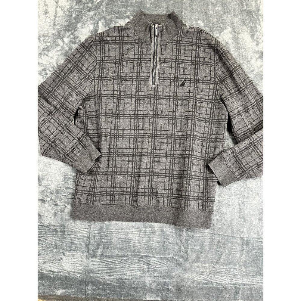 Nautica Mens 1/4 Zip Pullover Plaid Sweatshirt XXL Gray Warm Fleece Long Sleeve